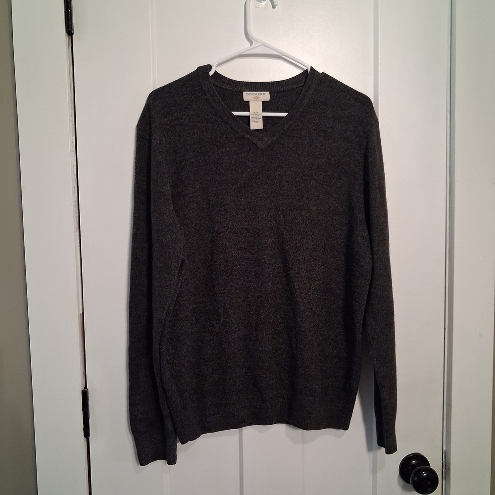 Dockers Mens Charcoal Grey V-Neck Pullover Sweater Size Medium Heathered Knit